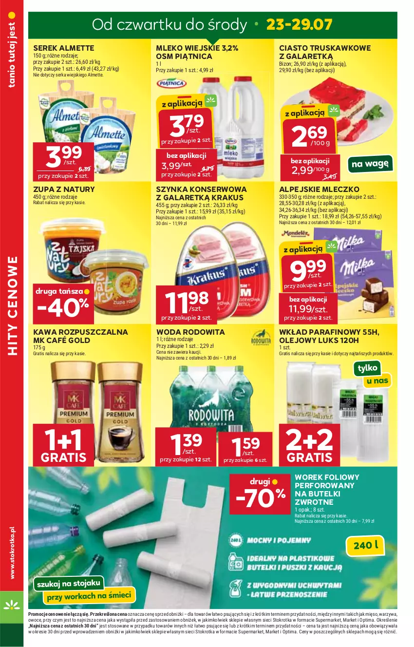 Gazetka promocyjna Stokrotka - Supermarket - ważna 23.07 do 29.07.2026 - strona 6 - produkty: Almette, Gala, Gra, Kawa, Kawa rozpuszczalna, Krakus, Mięso, Mleczko, Mleko, Olej, Optima, Owoce, Piątnica, Ser, Serek, Szynka, Szynka konserwowa, Warzywa, Woda, Zupa