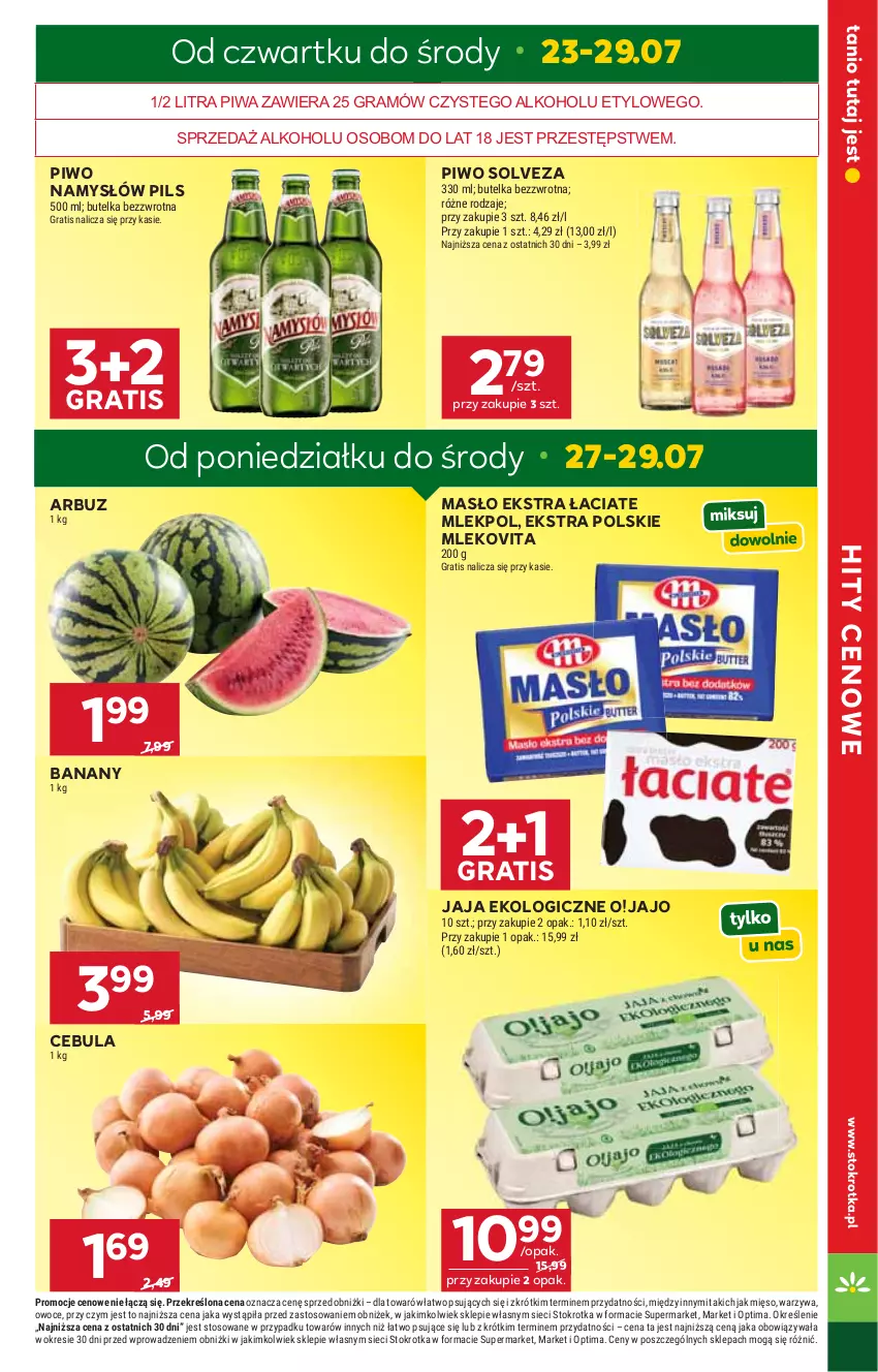 Gazetka promocyjna Stokrotka - Supermarket - ważna 23.07 do 29.07.2026 - strona 7 - produkty: Arbuz, Banany, Cebula, Gra, Jaja, Masło, Mięso, Mleko, Mlekovita, Namysłów, Optima, Owoce, Piwa, Piwo, Warzywa