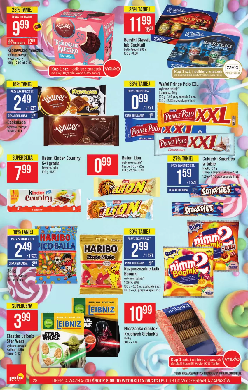 Gazetka promocyjna PoloMarket - Gazetka pomocyjna - ważna 08.09 do 14.09.2021 - strona 28 - produkty: Baton, Ciastka, Cukier, Cukierki, Czekolada, Ferrero, Gra, Haribo, Kinder, LG, Lion, Star Wars, Stek, Wawel