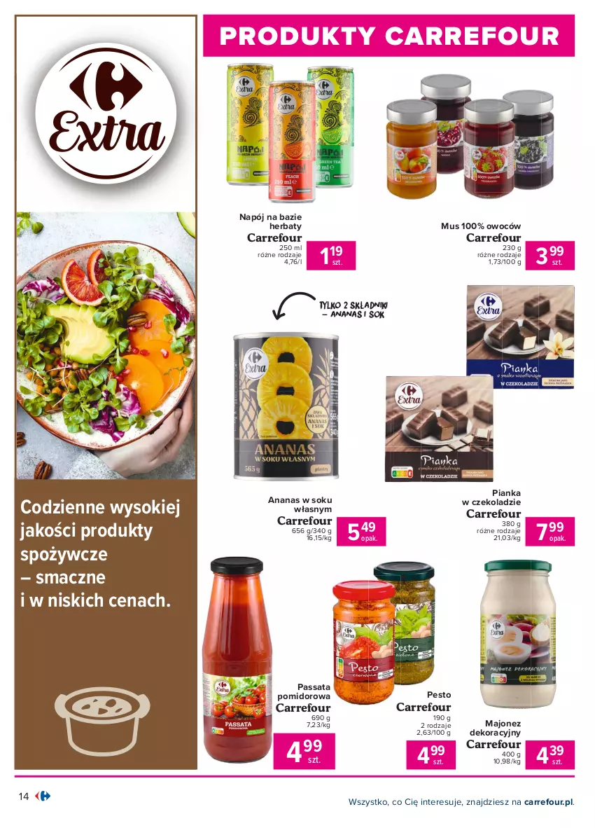 Gazetka promocyjna Carrefour - Gazetka Produkt Carrefour - ważna 05.07 do 17.07.2021 - strona 14 - produkty: Ananas, Majonez, Mus, Napój, Pesto, Pianka w czekoladzie, Sok