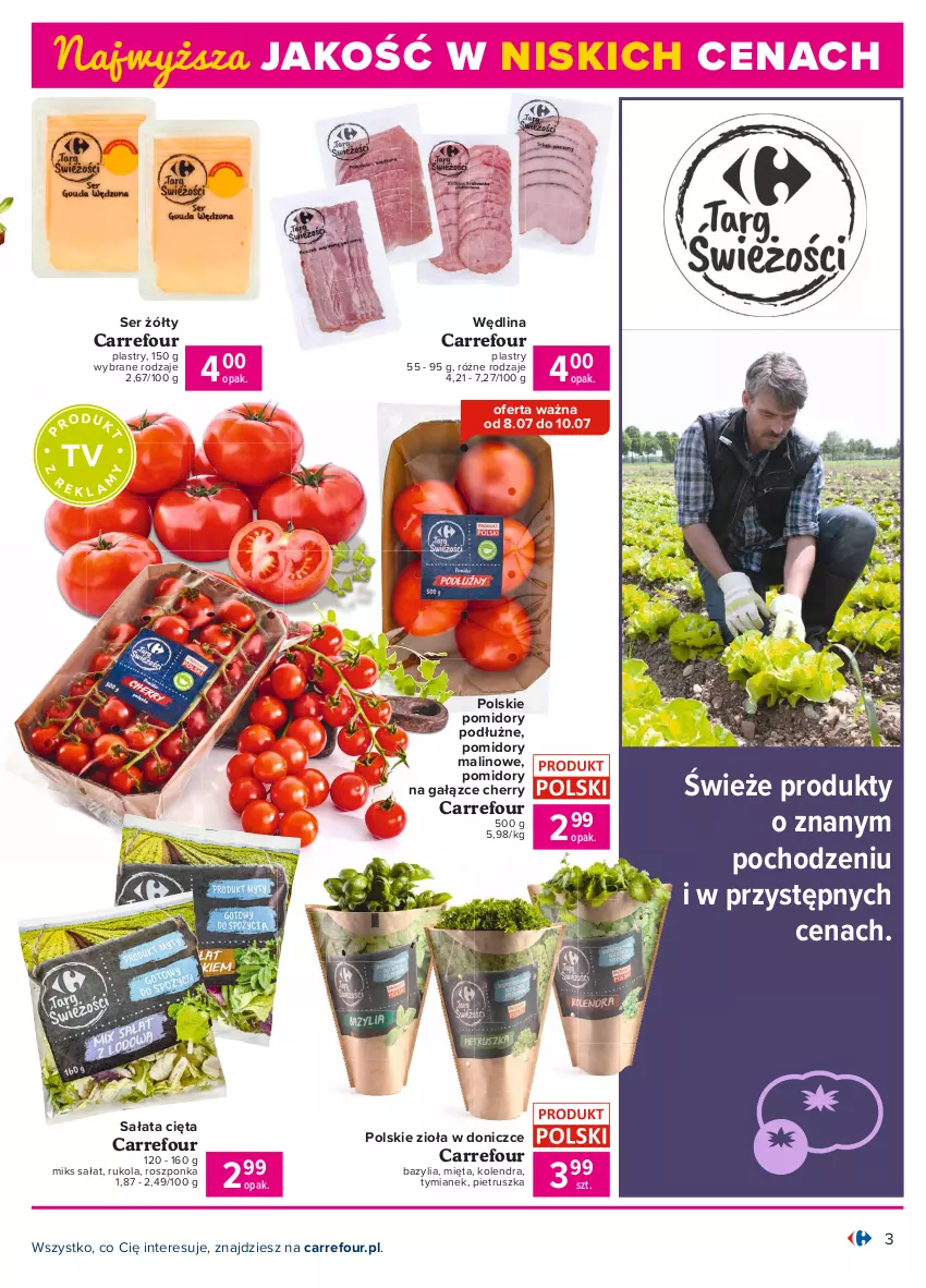 Gazetka promocyjna Carrefour - Gazetka Produkt Carrefour - ważna 05.07 do 17.07.2021 - strona 3 - produkty: Bazyl, Bazylia, Kolendra, Mięta, Pietruszka, Pomidory, Roszponka, Rukola, Sałat, Ser, Wędlina, Zioła w doniczce