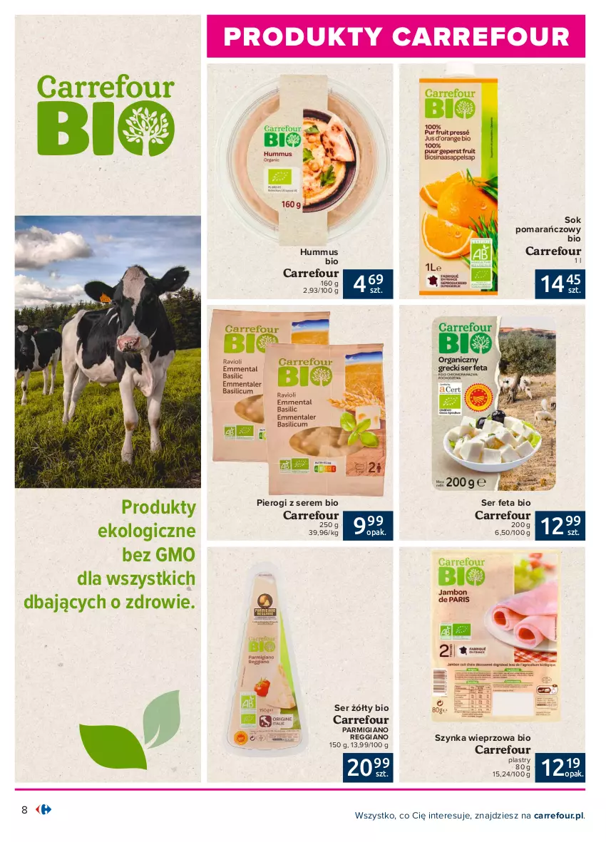 Gazetka promocyjna Carrefour - Gazetka Produkt Carrefour - ważna 05.07 do 17.07.2021 - strona 8 - produkty: Feta, Hummus, Mus, Pierogi, Ser, Sok, Sok pomarańczowy, Szynka, Szynka wieprzowa, Zdrowie