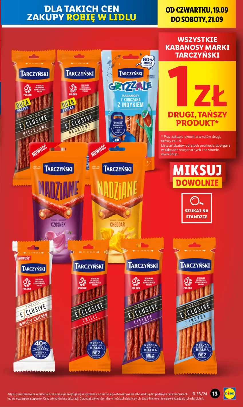 Gazetka promocyjna Lidl - GAZETKA - ważna 19.09 do 21.09.2024 - strona 13 - produkty: Kabanos, Tarczyński