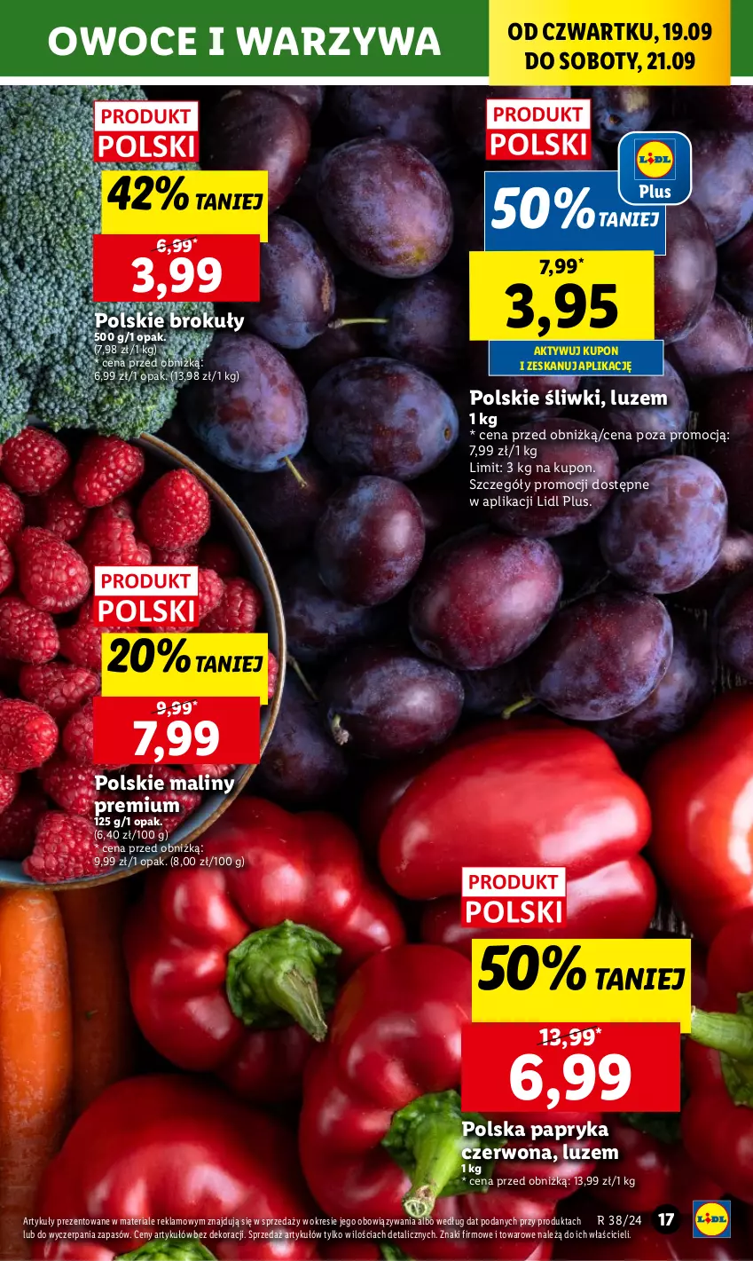 Gazetka promocyjna Lidl - GAZETKA - ważna 19.09 do 21.09.2024 - strona 19 - produkty: Brokuły, Maliny, Owoce, Papryka, Papryka czerwona, Warzywa