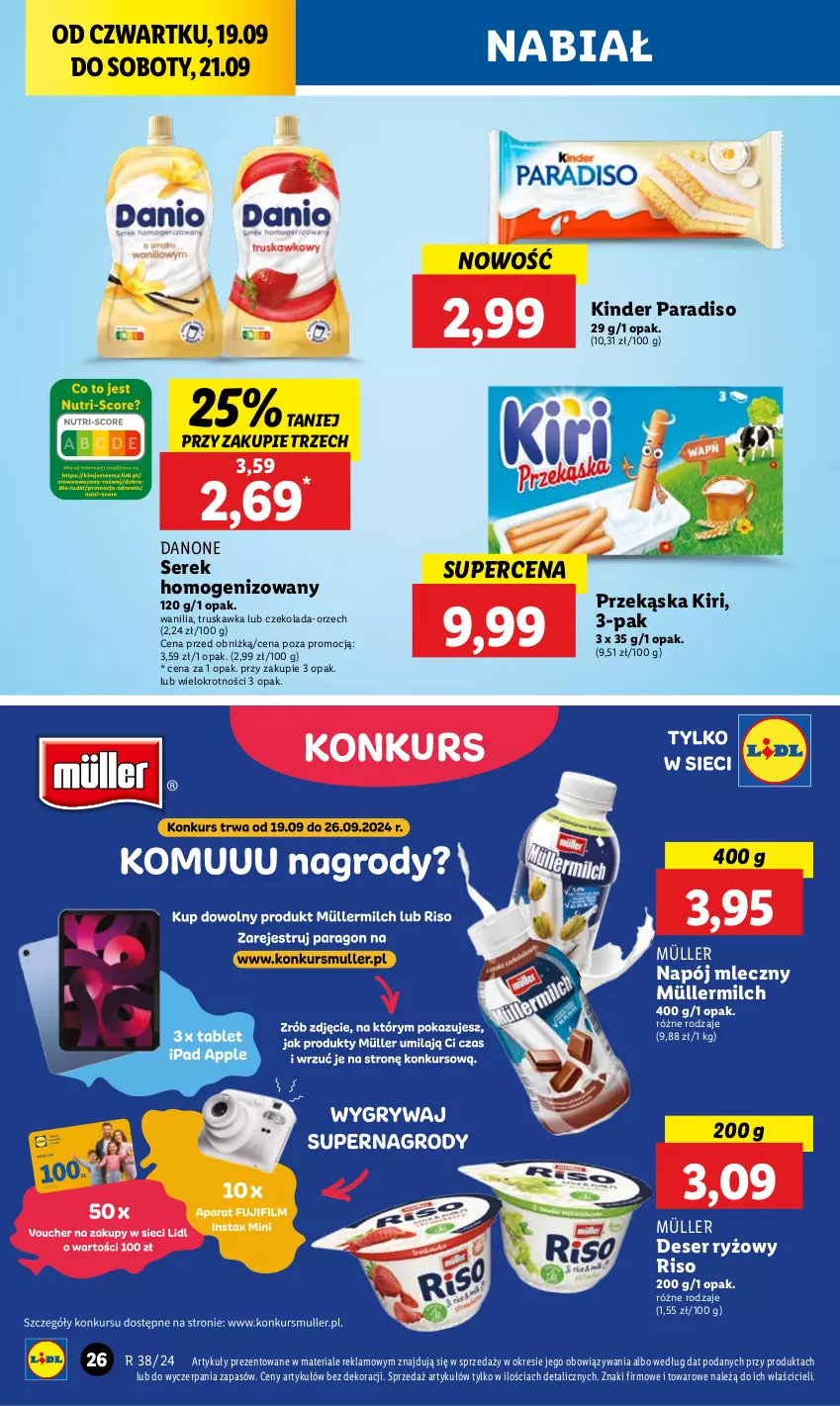 Gazetka promocyjna Lidl - GAZETKA - ważna 19.09 do 21.09.2024 - strona 28 - produkty: Czekolada, Danone, Deser, Kinder, Müller, Müllermilch, Napój, Napój mleczny, Ryż, Ser, Serek, Serek homogenizowany