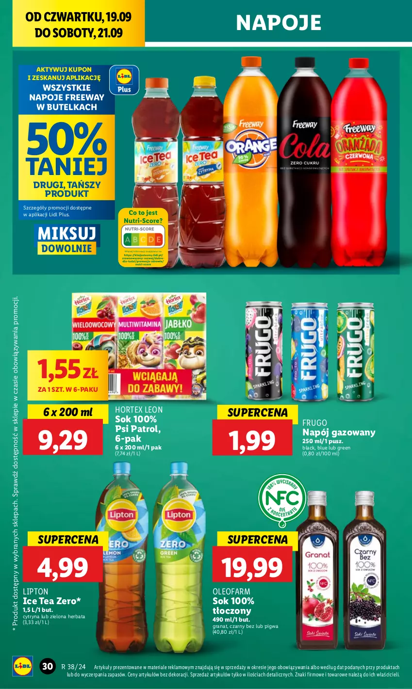 Gazetka promocyjna Lidl - GAZETKA - ważna 19.09 do 21.09.2024 - strona 32 - produkty: Fa, Gra, Granat, Herbata, Hortex, Ice tea, Lack, Leon, Lipton, Napój, Napój gazowany, Napoje, Oleo, Oleofarm, Psi Patrol, Sok