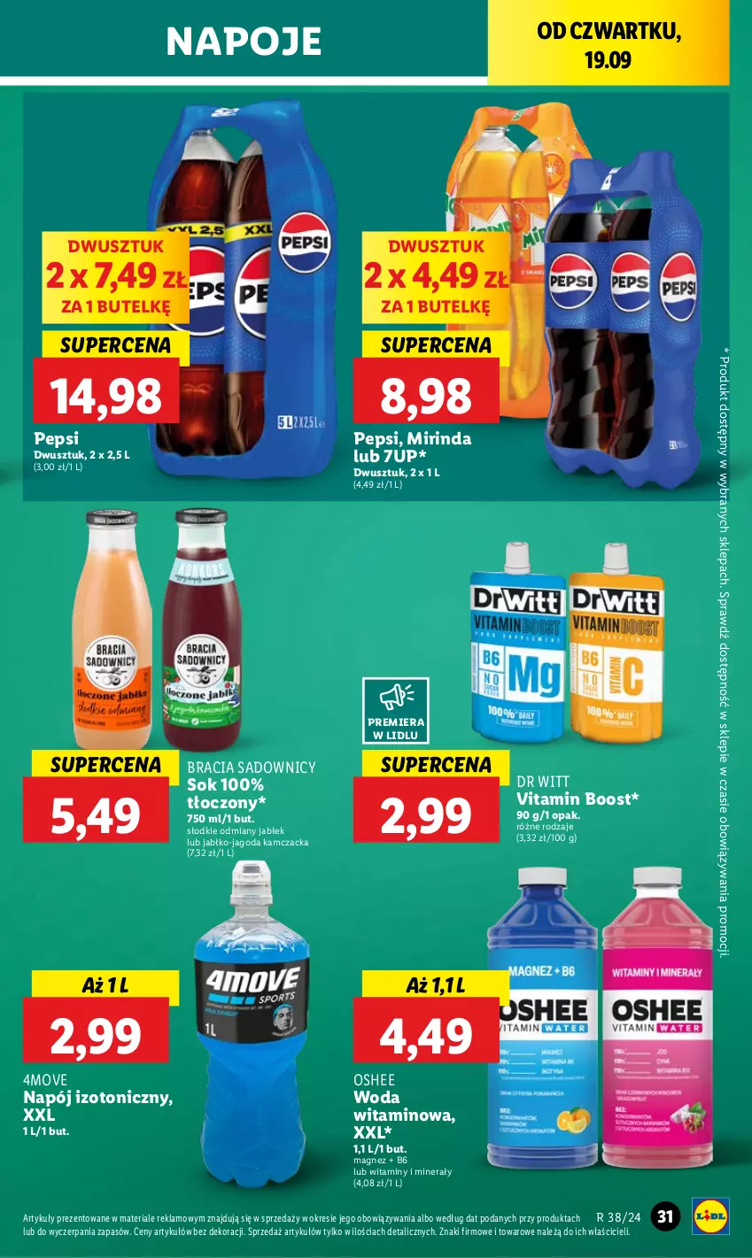 Gazetka promocyjna Lidl - GAZETKA - ważna 19.09 do 21.09.2024 - strona 33 - produkty: 7up, Magnez, Mirinda, Napój, Napój izotoniczny, Napoje, Oshee, Pepsi, Sok, Woda