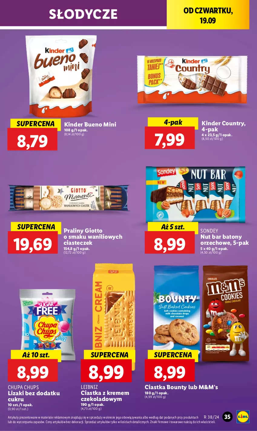 Gazetka promocyjna Lidl - GAZETKA - ważna 19.09 do 21.09.2024 - strona 39 - produkty: Baton, Bounty, Chupa Chups, Ciastka, Kinder, Kinder Bueno, Lizaki, Praliny