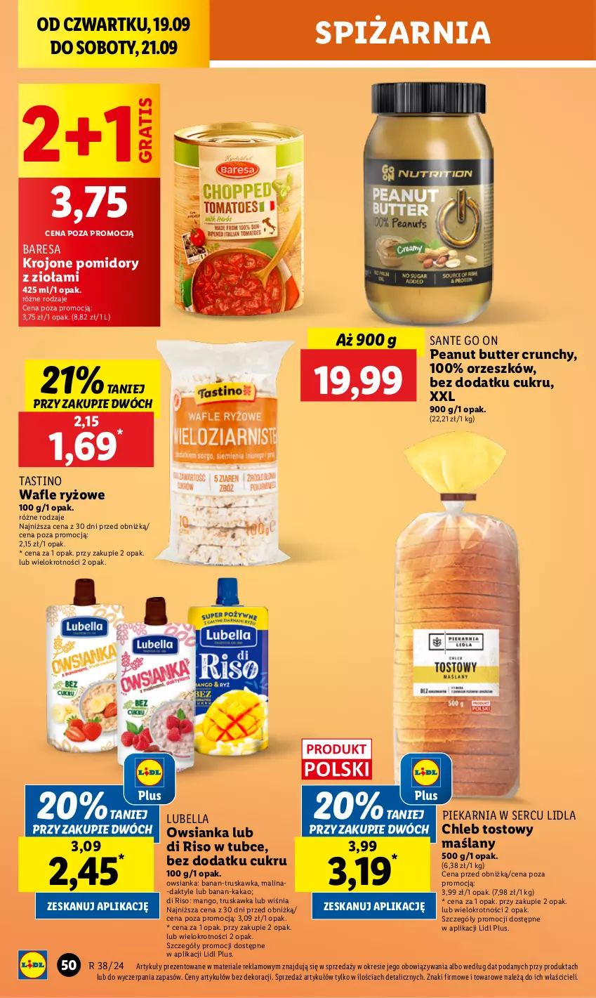 Gazetka promocyjna Lidl - GAZETKA - ważna 19.09 do 21.09.2024 - strona 42 - produkty: Bell, Bella, Chleb, Chleb tostowy, Daktyle, Gra, Kakao, Lubella, Mango, Owsianka, Pomidory, Ryż, Sante, Ser, Wafle