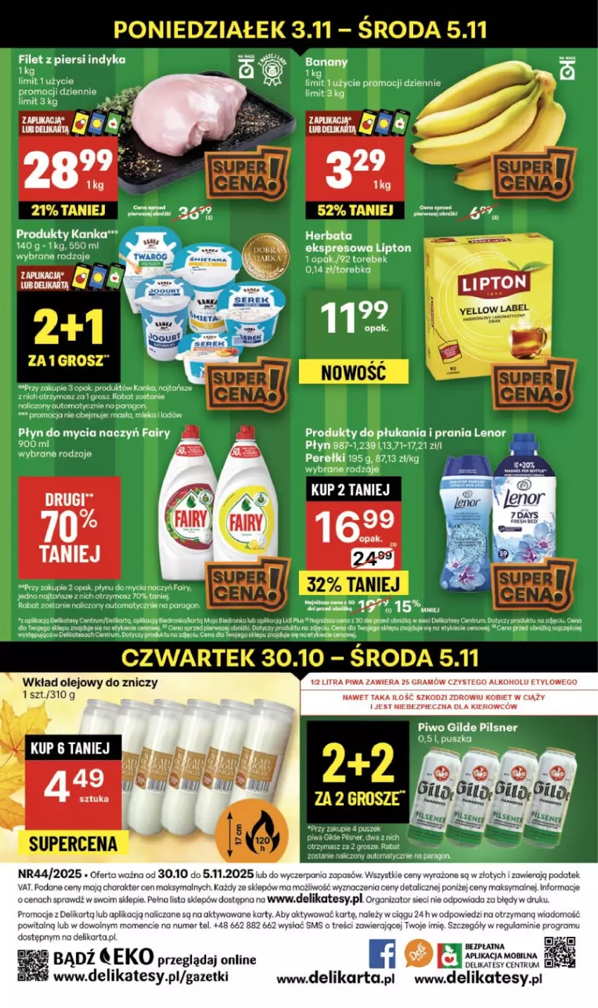 Gazetka promocyjna Delikatesy Centrum - Franczyza DC44 Czwartek - ważna 30.10 do 05.11.2025 - strona 40 - produkty: Banany, Do mycia naczyń, Dron, Fa, Fairy, Filet z piersi indyka, Gra, Herbata, Lenor, Lipton, Mobil, Olej, Piec, Piwa, Piwo, Płyn do mycia, Płyn do mycia naczyń, Rum, Torebka, Wkład olejowy, Znicz