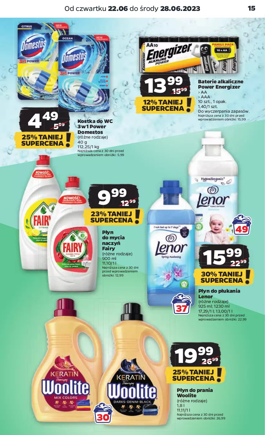 Gazetka promocyjna Netto - Artykuły spożywcze - ważna 22.06 do 28.06.2023 - strona 15 - produkty: Baterie alkaliczne, Do mycia naczyń, Domestos, Energizer, Fa, Fairy, Kostka do wc, Lenor, Płyn do mycia, Płyn do mycia naczyń, Płyn do płukania, Płyn do prania, Woolite