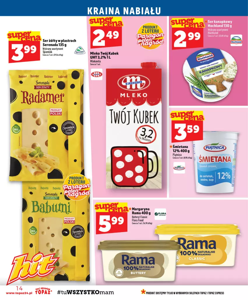 Gazetka promocyjna Topaz - Gazetka - ważna 20.08 do 26.08.2026 - strona 14 - produkty: Babuni, Flora, Hochland, Kubek, Mleko, Mlekovita, Piątnica, Radamer, Rama, Ser, Sos, Top, Vita C