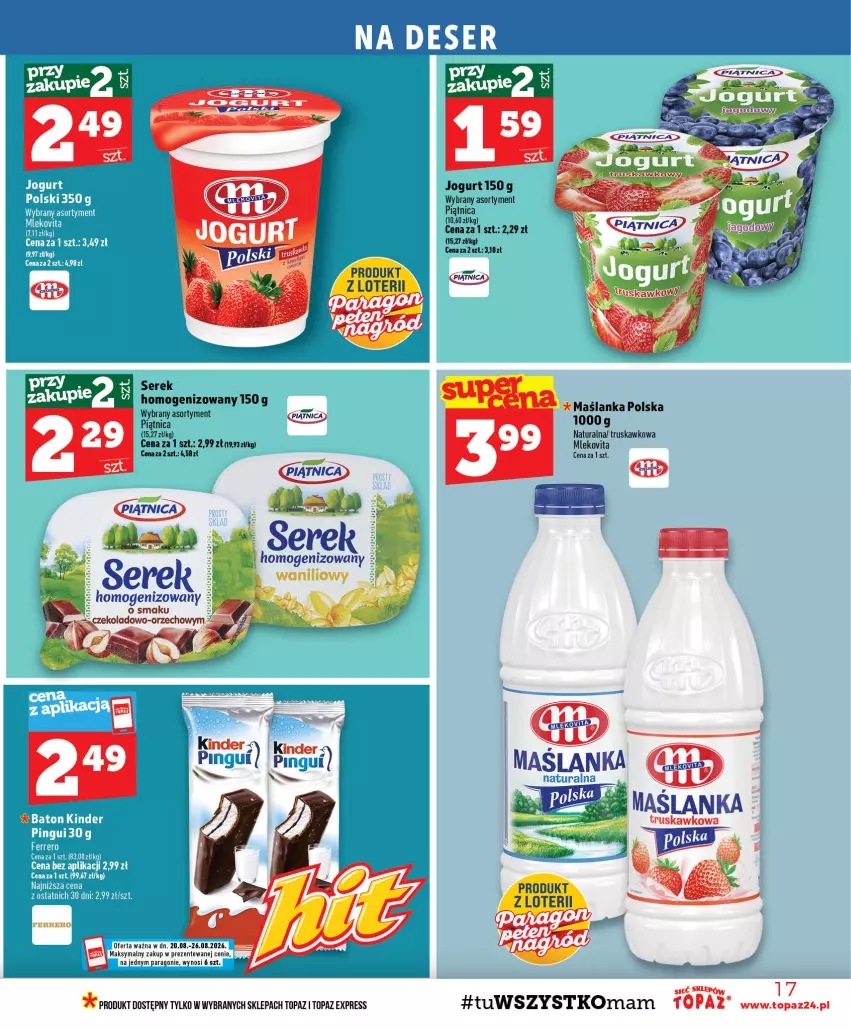Gazetka promocyjna Topaz - Gazetka - ważna 20.08 do 26.08.2026 - strona 17 - produkty: Ferrero, Jogurt, Maślanka, Mleko, Mlekovita, Piątnica, Ser, Serek, Serek homogenizowany, Top, Vita C