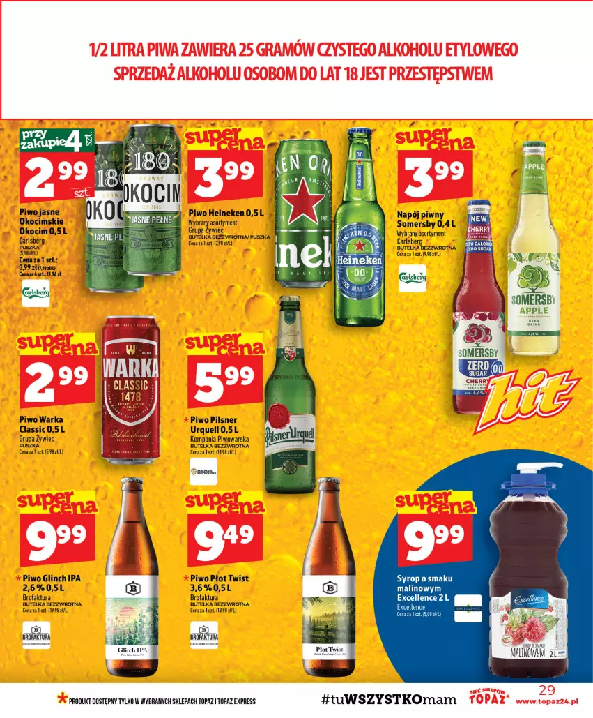 Gazetka promocyjna Topaz - Gazetka - ważna 20.08 do 26.08.2026 - strona 29 - produkty: Carlsberg, Fa, Heineken, Koc, Napój, Okocim, Pilsner Urquell, Piwo, Piwo jasne, Somersby, Syrop, Top, Warka