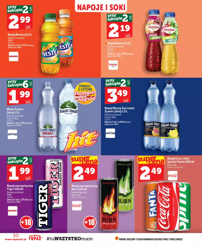 Gazetka promocyjna Topaz - Gazetka - ważna 20.08 do 26.08.2026 - strona 30 - produkty: Coca-Cola, Fa, Fanta, Gin, Hortex, Napój, Napoje, Nestea, Sok, Sprite, Tiger, Top