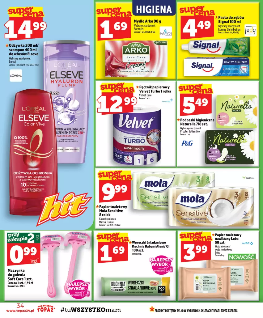Gazetka promocyjna Topaz - Gazetka - ważna 20.08 do 26.08.2026 - strona 34 - produkty: Babuni, Danio, Elseve, Fa, Kokos, Kuchnia, Maszynka, Maszynka do golenia, Mleczko, Mola, Mydło, Naturell, Naturella, Odżywka, Papier, Papier toaletowy, Pasta do zębów, Podpaski, Ręcznik, Rum, Szampon, Szynka, Top, Velvet, Woda