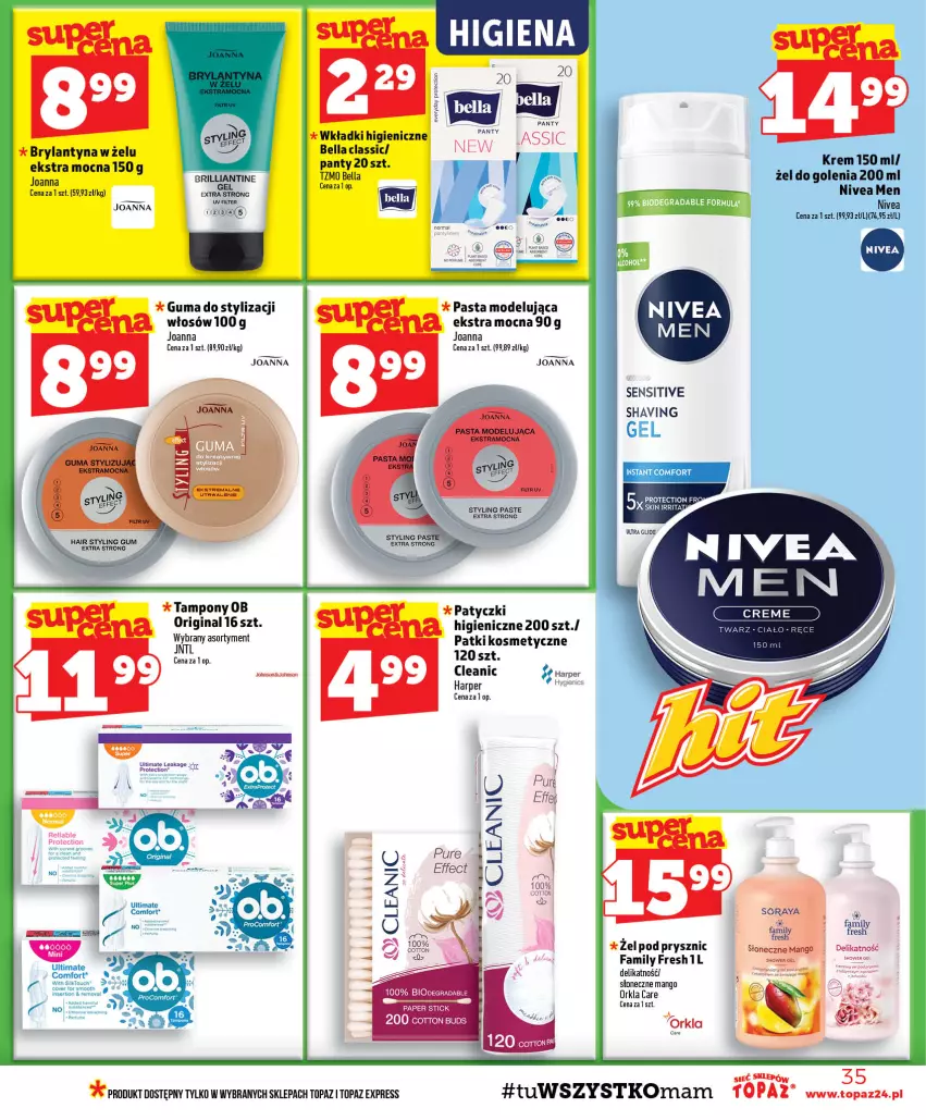 Gazetka promocyjna Topaz - Gazetka - ważna 20.08 do 26.08.2026 - strona 35 - produkty: Bell, Bella, Cleanic, Fa, Gin, Joanna, Mango, Nivea, Nivea Men, Pur, Tampony, Top, Wkładki