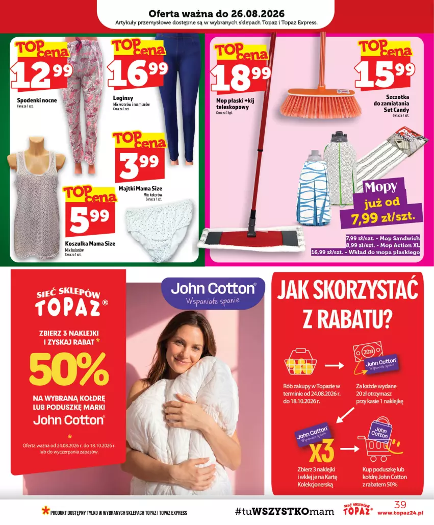 Gazetka promocyjna Topaz - Gazetka - ważna 20.08 do 26.08.2026 - strona 39 - produkty: Candy, Gin, Kosz, Koszulka, Majtki, Mop, Szczotka, Teleskop, Top, Wkład do mopa