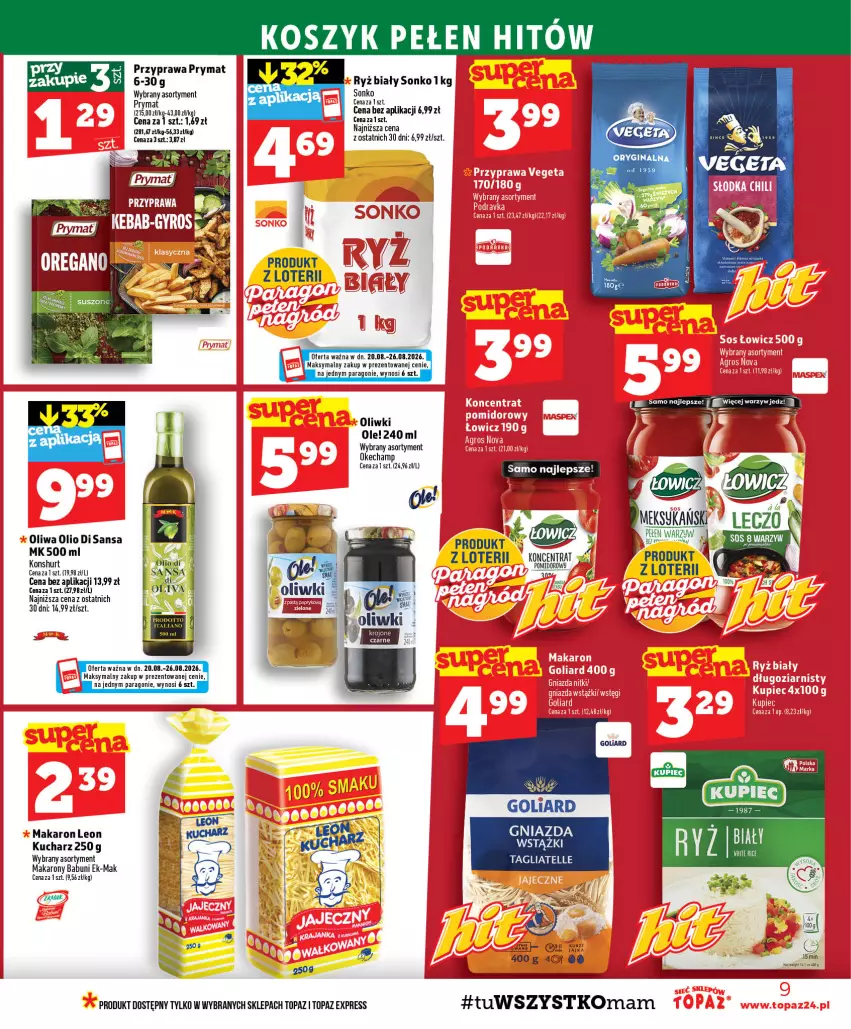 Gazetka promocyjna Topaz - Gazetka - ważna 20.08 do 26.08.2026 - strona 9 - produkty: Babuni, Gin, Goliard, Kosz, Leon, Makaron, Ole!, Oliwki, Tagliatelle, Top