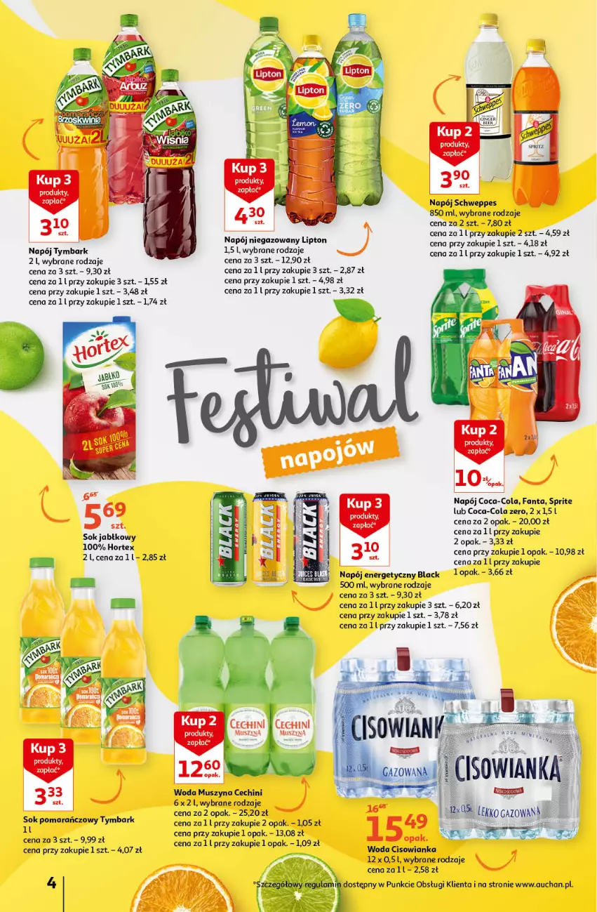 Gazetka promocyjna Auchan - przeNISKIE CENY PRZEwybór letnich napojów Hipermarkety - ważna 17.06 do 22.06.2022 - strona 4 - produkty: Cisowianka, Coca-Cola, Fa, Fanta, Hortex, Lack, Lipton, Mus, Napój, Napój energetyczny, Napój niegazowany, Schweppes, Sok, Sok jabłkowy, Sok pomarańczowy, Sprite, Szyna, Tymbark, Woda