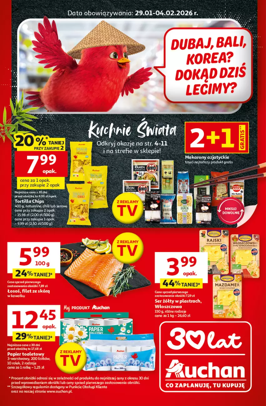 Gazetka promocyjna Auchan - Gazetka 30 Lat Hipermarket Auchan - ważna 29.01 do 04.02.2026 - strona 1 - produkty: Cars, Makaron, Mazdamer, Ser, Tera, Tortilla, Tortilla Chips