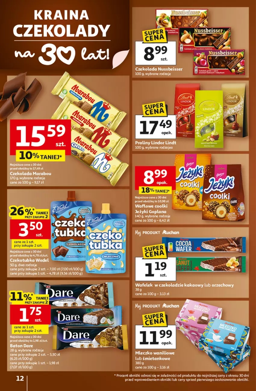 Gazetka promocyjna Auchan - Gazetka 30 Lat Hipermarket Auchan - ważna 29.01 do 04.02.2026 - strona 12 - produkty: Baton, Czekolada, Goplana, Jeżyki, Kakao, LANA, Lindor, Lindt, Mleczko, Praliny, Ser, Wafelek