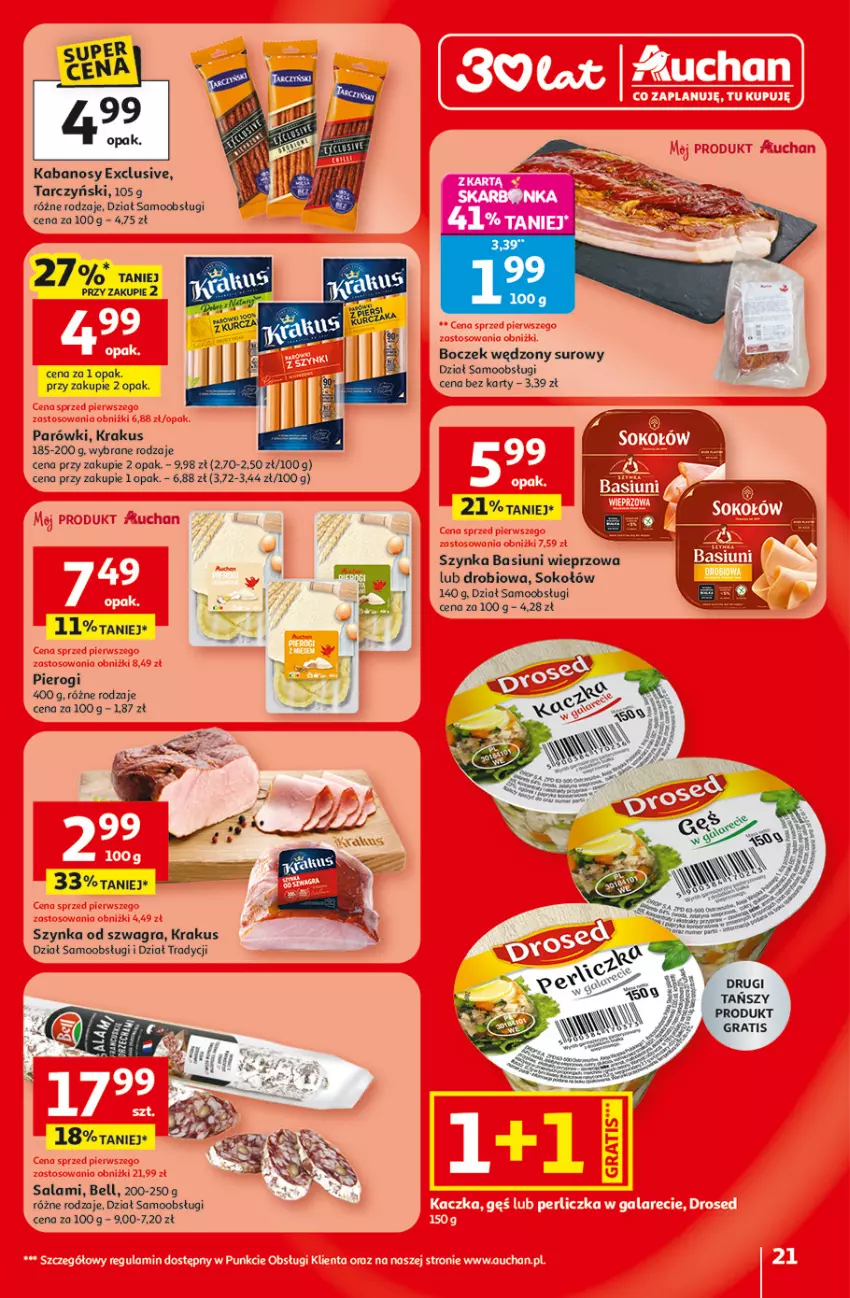Gazetka promocyjna Auchan - Gazetka 30 Lat Hipermarket Auchan - ważna 29.01 do 04.02.2026 - strona 21 - produkty: Bell, Boczek, Gra, Kabanos, Krakus, Parówki, Pierogi, Salami, Sok, Sokołów, Szynka, Tarczyński