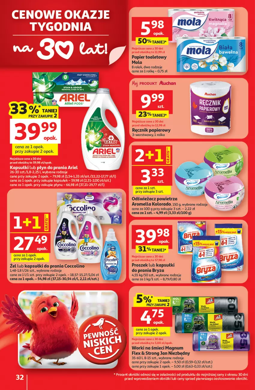 Gazetka promocyjna Auchan - Gazetka 30 Lat Hipermarket Auchan - ważna 29.01 do 04.02.2026 - strona 32 - produkty: Bryza, Coccolino, Fa, Jan Niezbędny, Kapsułki do prania, Kolorado, Mola, Odświeżacz powietrza, Papier, Papier toaletowy, Ręcznik, Worki na śmiec, Worki na śmieci
