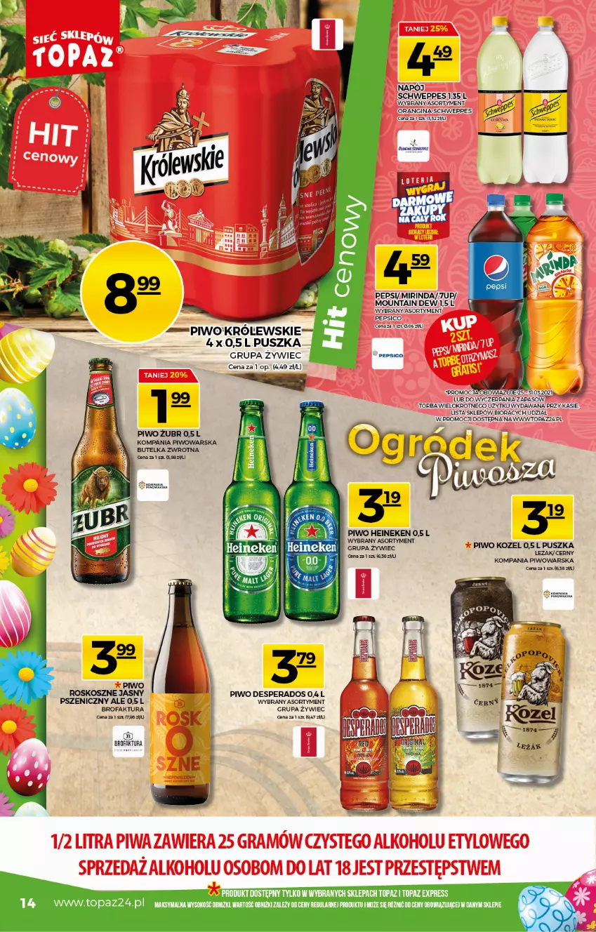 Gazetka promocyjna Topaz - Gazetka - ważna 25.03 do 31.03.2021 - strona 14 - produkty: 7up, Desperados, Fa, Gin, Heineken, Kosz, Kozel, Królewski, Mirinda, Pepsi, Piwo, Schweppes, Sok, Top, Torba