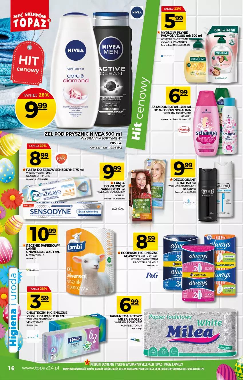 Gazetka promocyjna Topaz - Gazetka - ważna 25.03 do 31.03.2021 - strona 16 - produkty: Always, Chusteczki, Colgate, Dezodorant, Fa, Garnier, LG, Mydło, Mydło w płynie, Nivea, Palmolive, Papier, Papier toaletowy, Pasta do zębów, Podpaski, Ręcznik, Schauma, Sensodyne, Str8, Szampon, Velvet