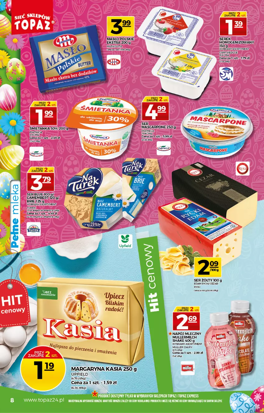 Gazetka promocyjna Topaz - Gazetka - ważna 25.03 do 31.03.2021 - strona 8 - produkty: Brie, Camembert, Edam, Mascarpone, Masło, Mleko, Mlekovita, Napój, Napój mleczny, Piątnica, Ser, Serek, Sok, Top