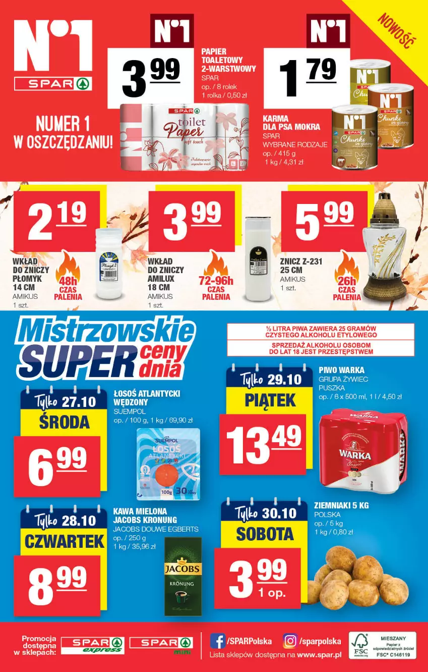 Gazetka promocyjna Spar - ważna 17.10 do 27.10.2021 - strona 4 - produkty: Jacobs, Papier, Piwo, Suempol, Warka, Znicz