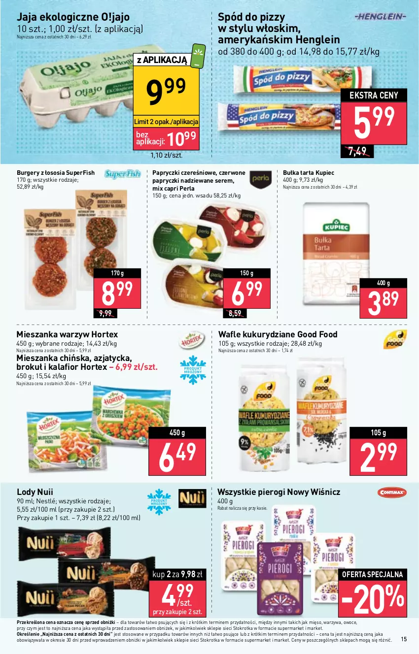 Gazetka promocyjna Stokrotka - Supermarket - ważna 25.05 do 31.05.2023 - strona 17 - produkty: Bułka, Bułka tarta, Burger, Hortex, Jaja, Kalafior, Kupiec, Lody, Mięso, Mieszanka warzyw, Nestlé, Owoce, Papryczki nadziewane, Piec, Pierogi, Ser, Sos, Spód do pizzy, Tarta, Wafle, Warzywa