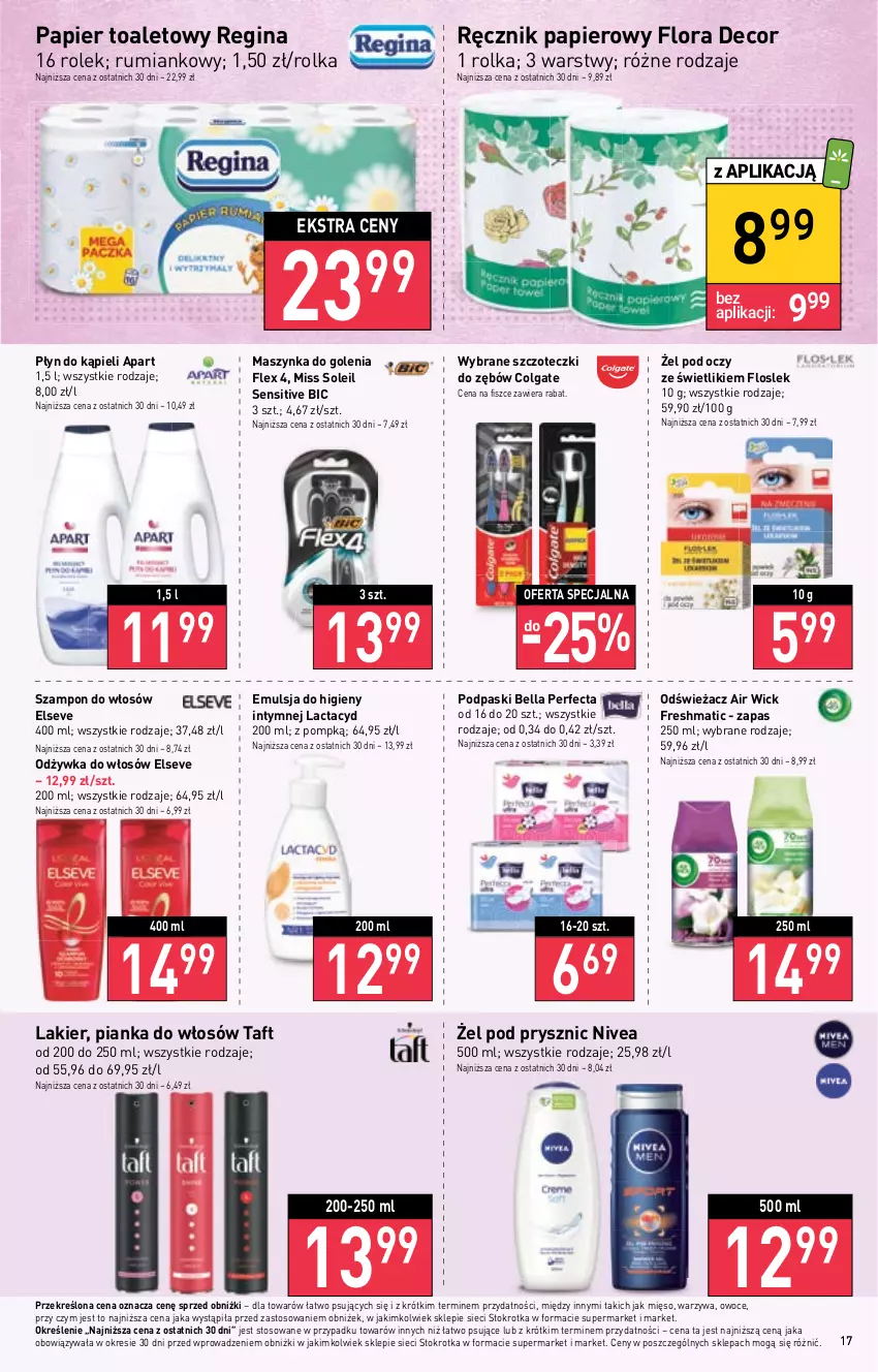 Gazetka promocyjna Stokrotka - Supermarket - ważna 25.05 do 31.05.2023 - strona 19 - produkty: Air Wick, Bell, Bella, BIC, Colgate, Elseve, Emulsja, Flora, Gin, Lactacyd, Lakier, LG, Maszynka, Maszynka do golenia, Mięso, Nivea, Odżywka, Owoce, Papier, Papier toaletowy, Perfecta, Pianka do włosów, Płyn do kąpieli, Podpaski, Ręcznik, Rum, Szampon, Szynka, Taft, Warzywa