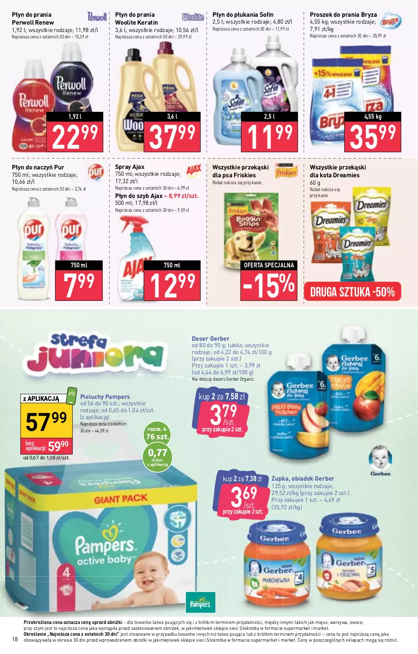 Gazetka promocyjna Stokrotka - Supermarket - ważna 25.05 do 31.05.2023 - strona 20 - produkty: Ajax, Bryza, Deser, Friskies, Gerber, Mięso, Owoce, Pampers, Perwoll, Pieluchy, Płyn do płukania, Płyn do prania, Płyn do szyb, Proszek do prania, Przekąski dla kota, Przekąski dla psa, Pur, Ser, Warzywa, Woolite