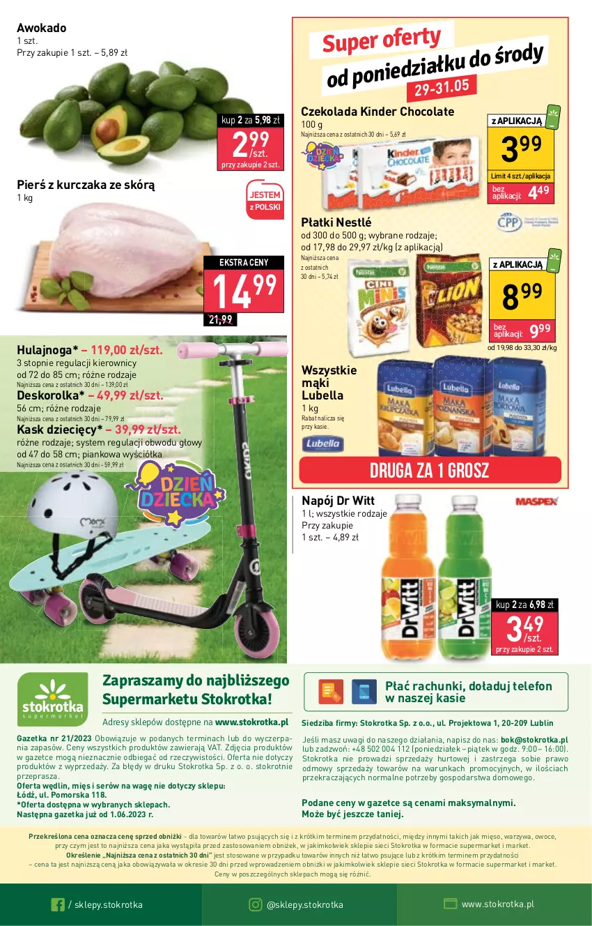 Gazetka promocyjna Stokrotka - Supermarket - ważna 25.05 do 31.05.2023 - strona 22 - produkty: Bell, Bella, Czekolada, Deskorolka, Dres, Dzieci, Hulajnoga, JBL, Kask, Kinder, Kurczak, Lubella, Mięso, Napój, Nestlé, O nas, Owoce, Ser, Telefon, Top, Wagi, Warzywa