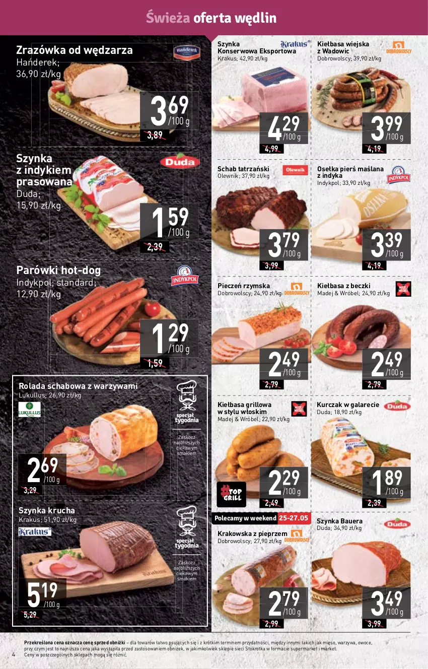 Gazetka promocyjna Stokrotka - Supermarket - ważna 25.05 do 31.05.2023 - strona 6 - produkty: Duda, Gala, Grill, Kiełbasa, Kiełbasa wiejska, Krakus, Kurczak, LANA, Mięso, Olewnik, Owoce, Parówki, Piec, Pieczeń rzymska, Pieprz, Por, Rolada, Ser, Sport, Szynka, Szynka konserwowa, Warzywa