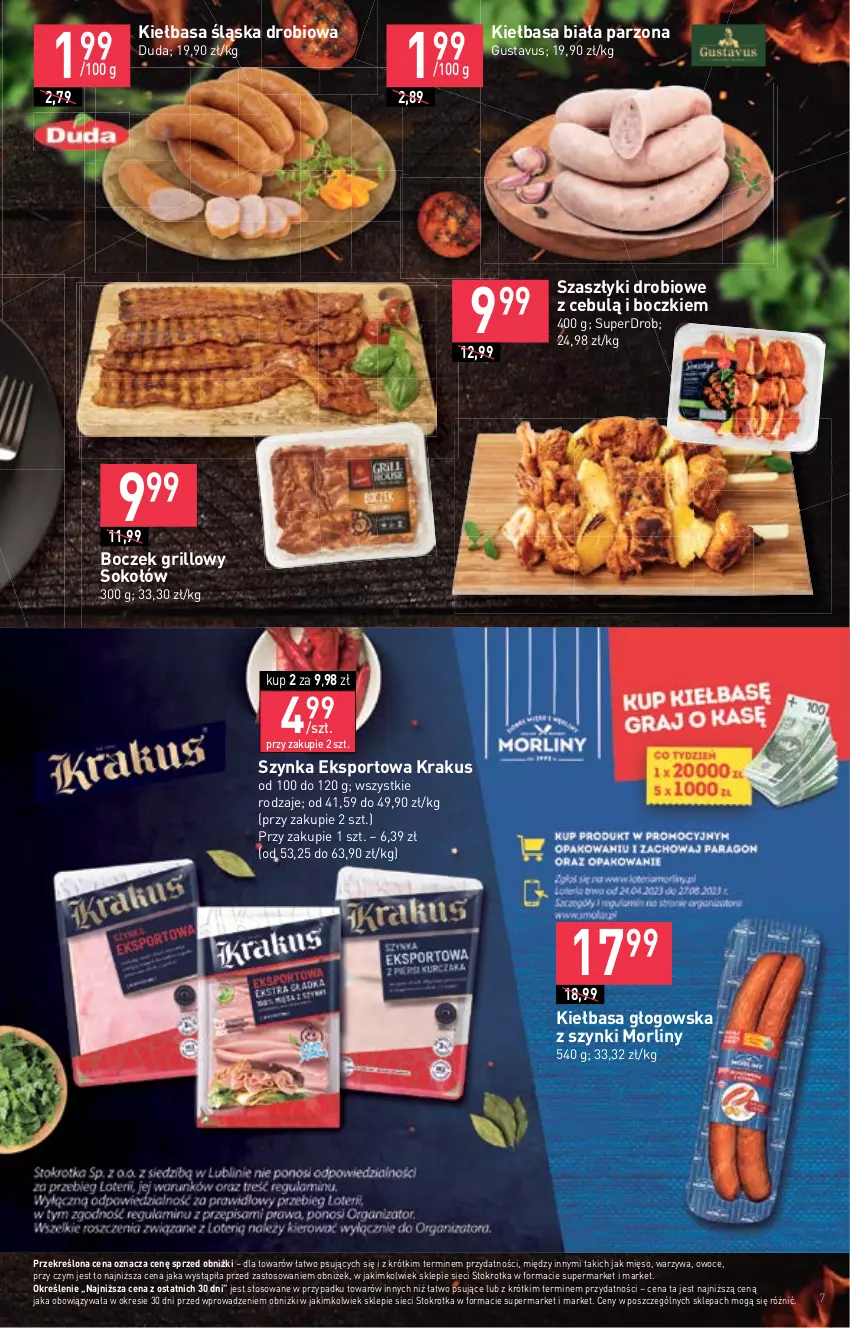 Gazetka promocyjna Stokrotka - Supermarket - ważna 25.05 do 31.05.2023 - strona 9 - produkty: Boczek, Duda, Grill, Kiełbasa, Kiełbasa biała, Kiełbasa głogowska, Kiełbasa śląska, Krakus, Mięso, Morliny, Owoce, Por, Sok, Sokołów, Sport, Szynka, Warzywa