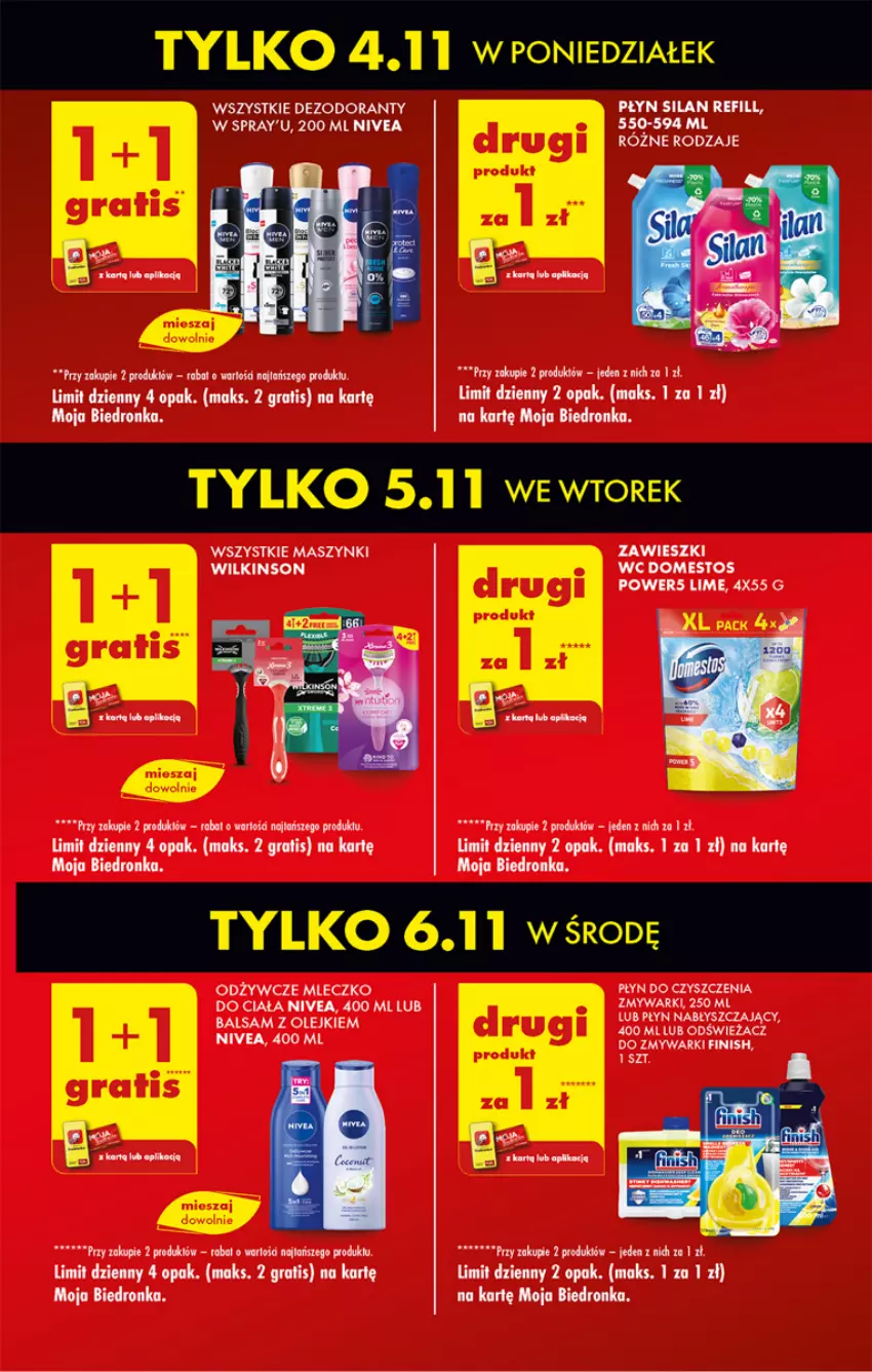 Gazetka promocyjna Biedronka - Od poniedzialku - ważna 04.11 do 09.11.2024 - strona 13 - produkty: Dezodorant, Domestos, Dron, Finish, Gra, Mleczko, Mleczko do ciała, Nivea, Odświeżacz do zmywarki, Olej, Płyn nabłyszczający, Silan, Top, Zawieszki, Zmywarki