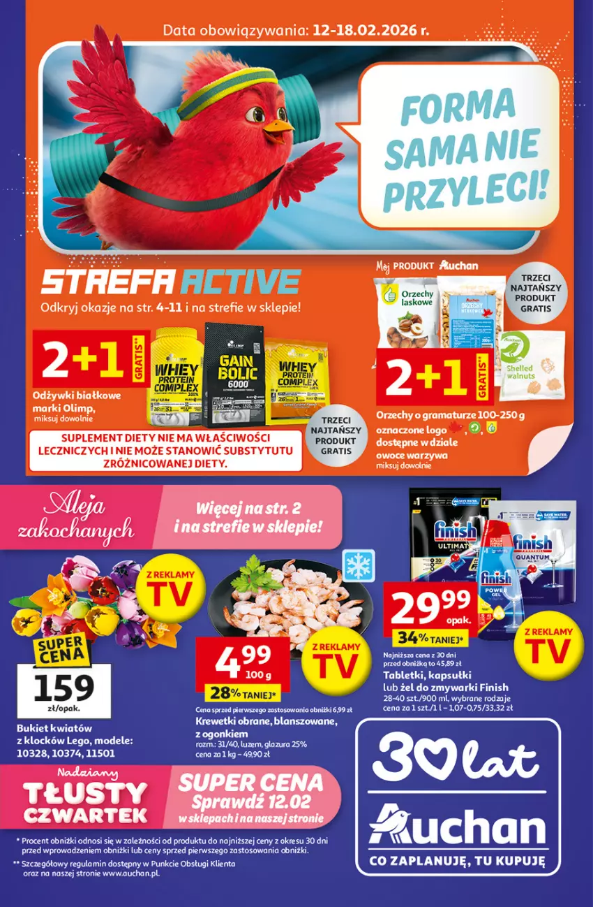 Gazetka promocyjna Auchan - Gazetka 30 Lat Hipermarket Auchan - ważna 12.02 do 18.02.2026 - strona 1 - produkty: Cynk, Fa, Finish, Gra, Krewetki, LEGO, Rama, Suplement diety, Tablet, Zmywarki, Znicz