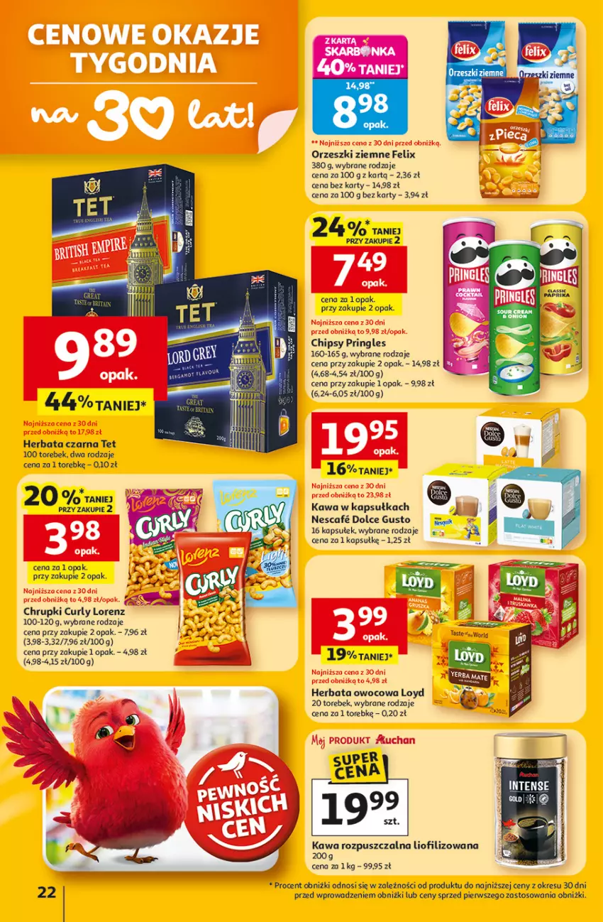 Gazetka promocyjna Auchan - Gazetka 30 Lat Hipermarket Auchan - ważna 12.02 do 18.02.2026 - strona 22 - produkty: Chipsy, Chrupki, Dolce Gusto, Felix, Herbata, Herbata czarna, Herbata owocowa, Kawa, Kawa rozpuszczalna, Lorenz, Loyd, Orzeszki, Orzeszki ziemne, Pringles