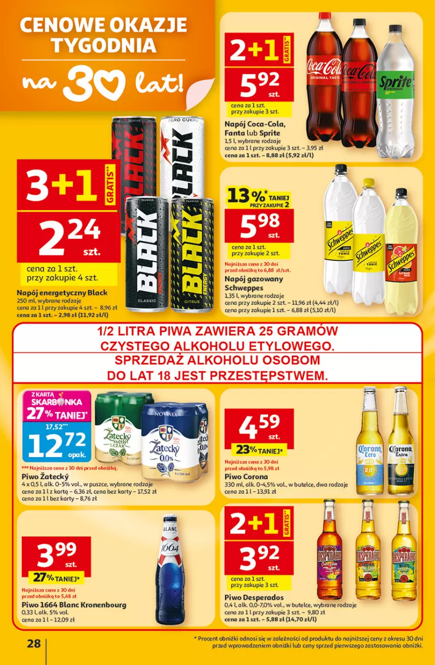 Gazetka promocyjna Auchan - Gazetka 30 Lat Hipermarket Auchan - ważna 12.02 do 18.02.2026 - strona 28 - produkty: Coca-Cola, Desperados, Fa, Fanta, Lack, LG, Napój, Napój energetyczny, Napój gazowany, Piwo, Schweppes, Sprite