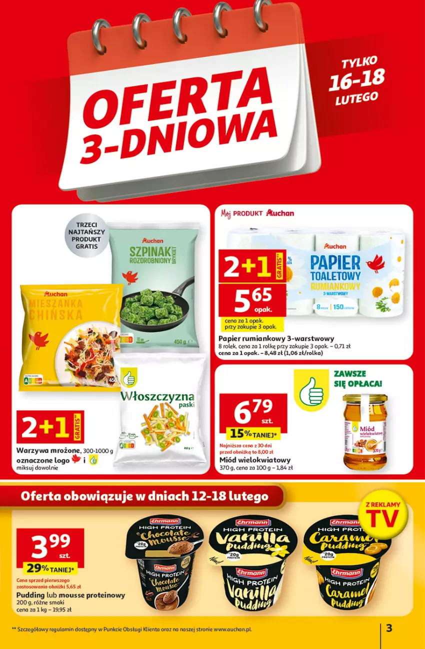 Gazetka promocyjna Auchan - Gazetka 30 Lat Hipermarket Auchan - ważna 12.02 do 18.02.2026 - strona 3 - produkty: Gra, Miód, Papier, Papier toaletowy, Pudding, Rum, Szpinak, Warzywa