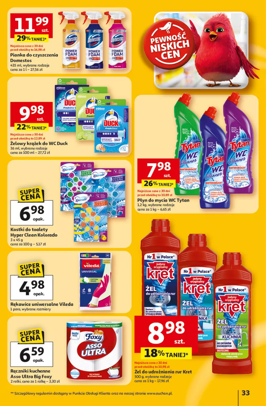 Gazetka promocyjna Auchan - Gazetka 30 Lat Hipermarket Auchan - ważna 12.02 do 18.02.2026 - strona 33 - produkty: Domestos, Duck, Foxy, Kolorado, Kret, Pianka do czyszczenia, Płyn do mycia, Ręcznik, Rękawice, Rolki, Tytan, Vileda