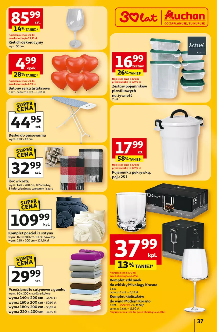 Gazetka promocyjna Auchan - Gazetka 30 Lat Hipermarket Auchan - ważna 12.02 do 18.02.2026 - strona 37 - produkty: Balony, Deska do prasowania, Koc, Komplet pościeli, Pojemnik, Pojemnik z pokrywką, Pościel, Prześcieradło, Ser, Whisky