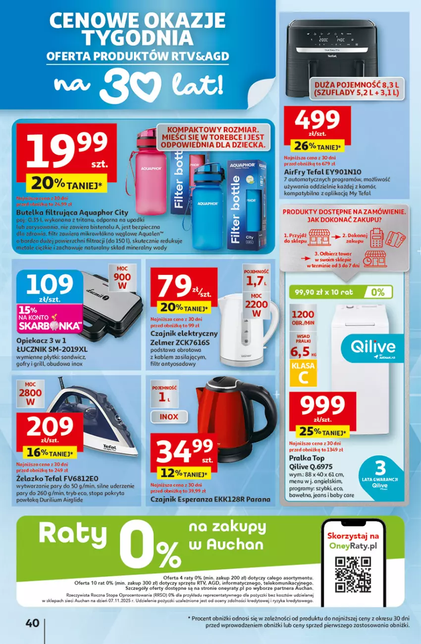 Gazetka promocyjna Auchan - Gazetka 30 Lat Hipermarket Auchan - ważna 12.02 do 18.02.2026 - strona 40 - produkty: Aquaphor, Czajnik, Czajnik elektryczny, Fa, Gofry, Gra, Grill, Kosz, Piec, Por, Pralka, Pralki, Tefal, Top, Wełna, Zelmer