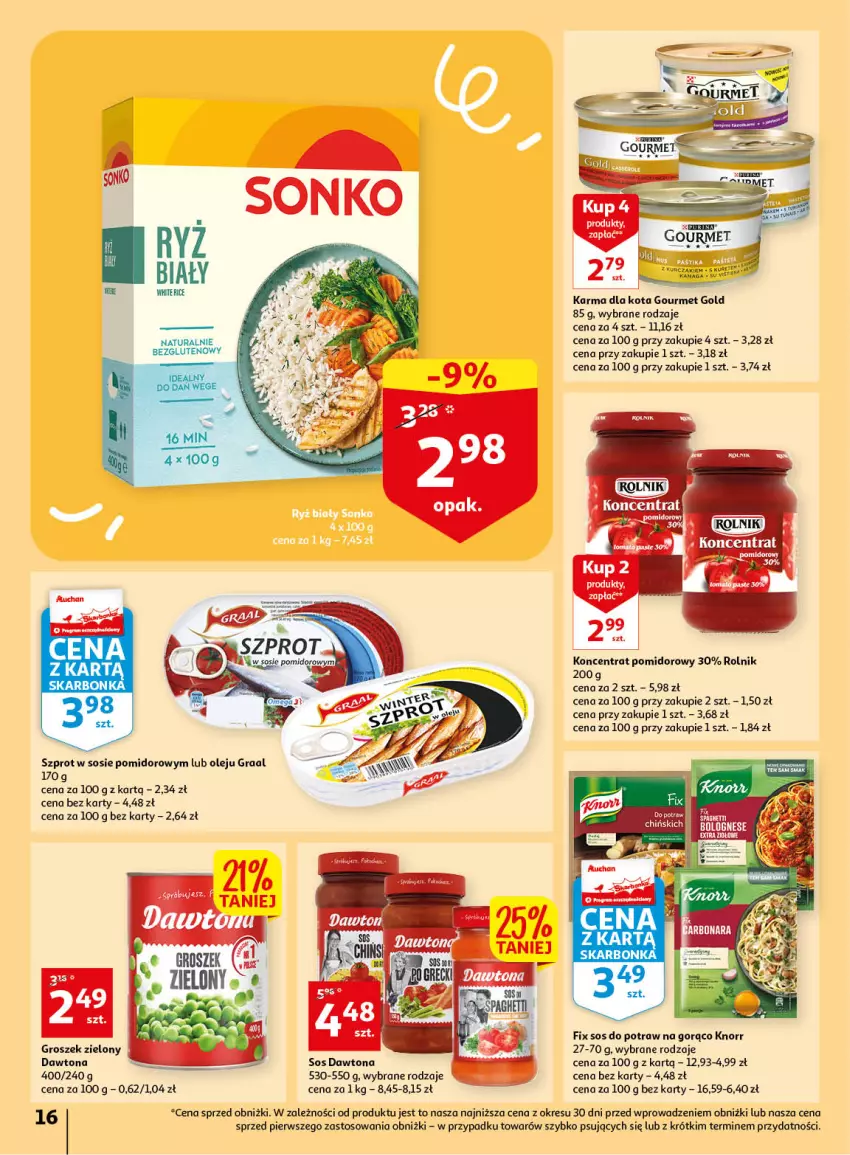 Gazetka promocyjna Auchan - Gazetka Wiosenne korzyści Hipermarket Auchan - ważna 20.04 do 26.04.2023 - strona 16 - produkty: Dawtona, Gourmet Gold, Gra, Graal, Groszek, Knorr, Koncentrat pomidorowy, O nas, Olej, Rolnik, Ryż, Sos, Szprot, Szprot w sosie