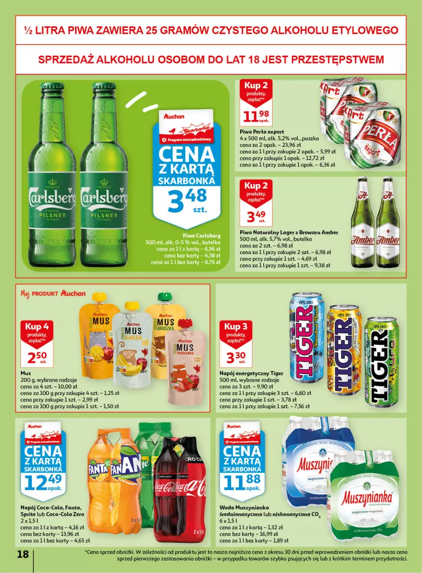 Gazetka promocyjna Auchan - Gazetka Wiosenne korzyści Hipermarket Auchan - ważna 20.04 do 26.04.2023 - strona 18 - produkty: Carlsberg, Coca-Cola, Fa, Fanta, Gra, Mus, Muszynianka, Napój, Napój energetyczny, O nas, Perła, Piwa, Piwo, Por, Sprite, Tiger, Woda