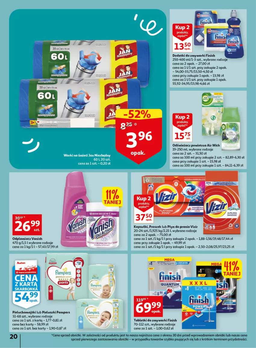 Gazetka promocyjna Auchan - Gazetka Wiosenne korzyści Hipermarket Auchan - ważna 20.04 do 26.04.2023 - strona 20 - produkty: Air Wick, Finish, Majtki, O nas, Odplamiacz, Odświeżacz powietrza, Pampers, Pieluchomajtki, Płyn do prania, Tablet, Tabletki do zmywarki, Vanish, Vizir, Zmywarki