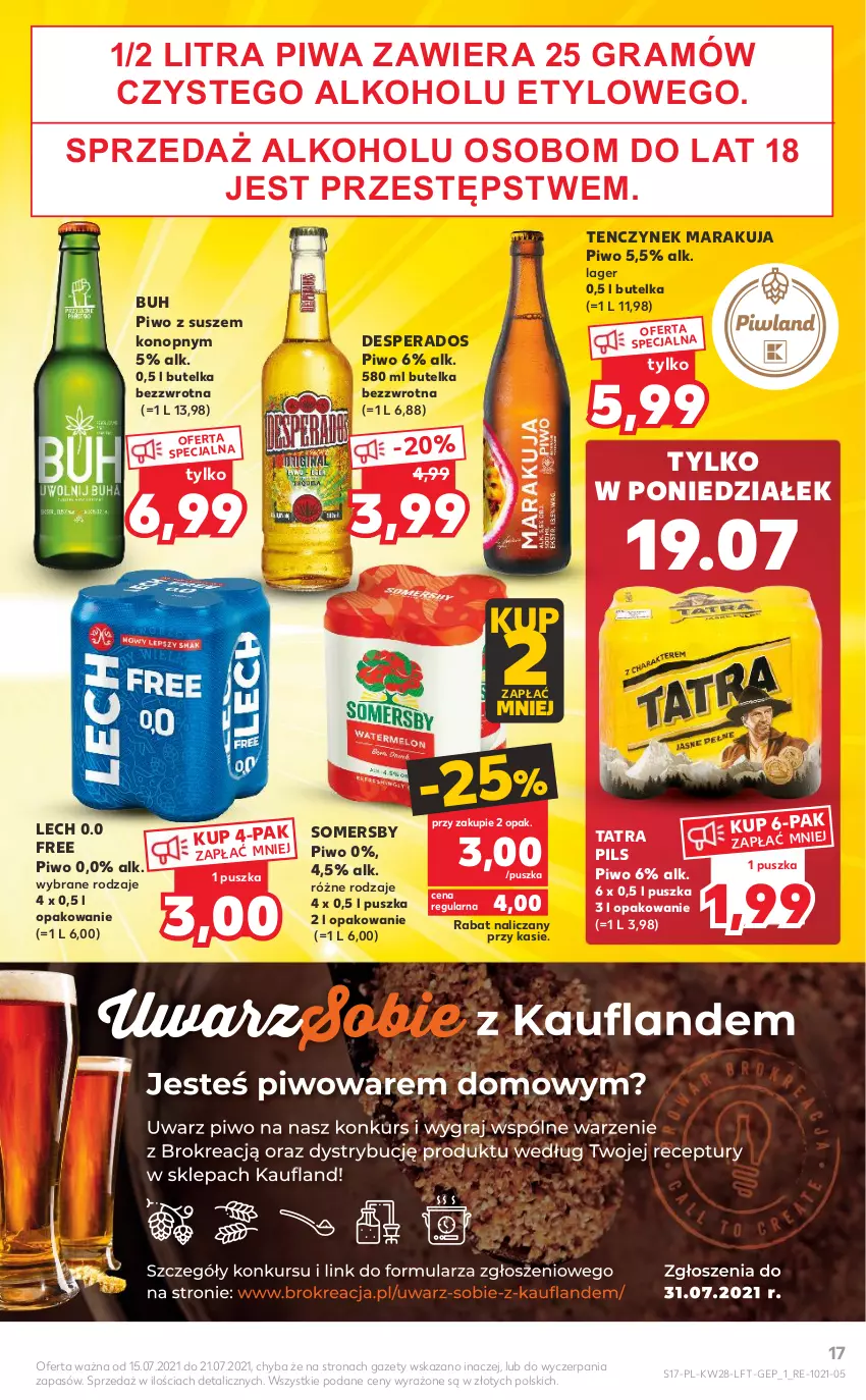 Gazetka promocyjna Kaufland - OFERTA TYGODNIA - ważna 15.07 do 21.07.2021 - strona 17 - produkty: Desperados, Gra, Piwa, Piwo, Somersby, Tatra